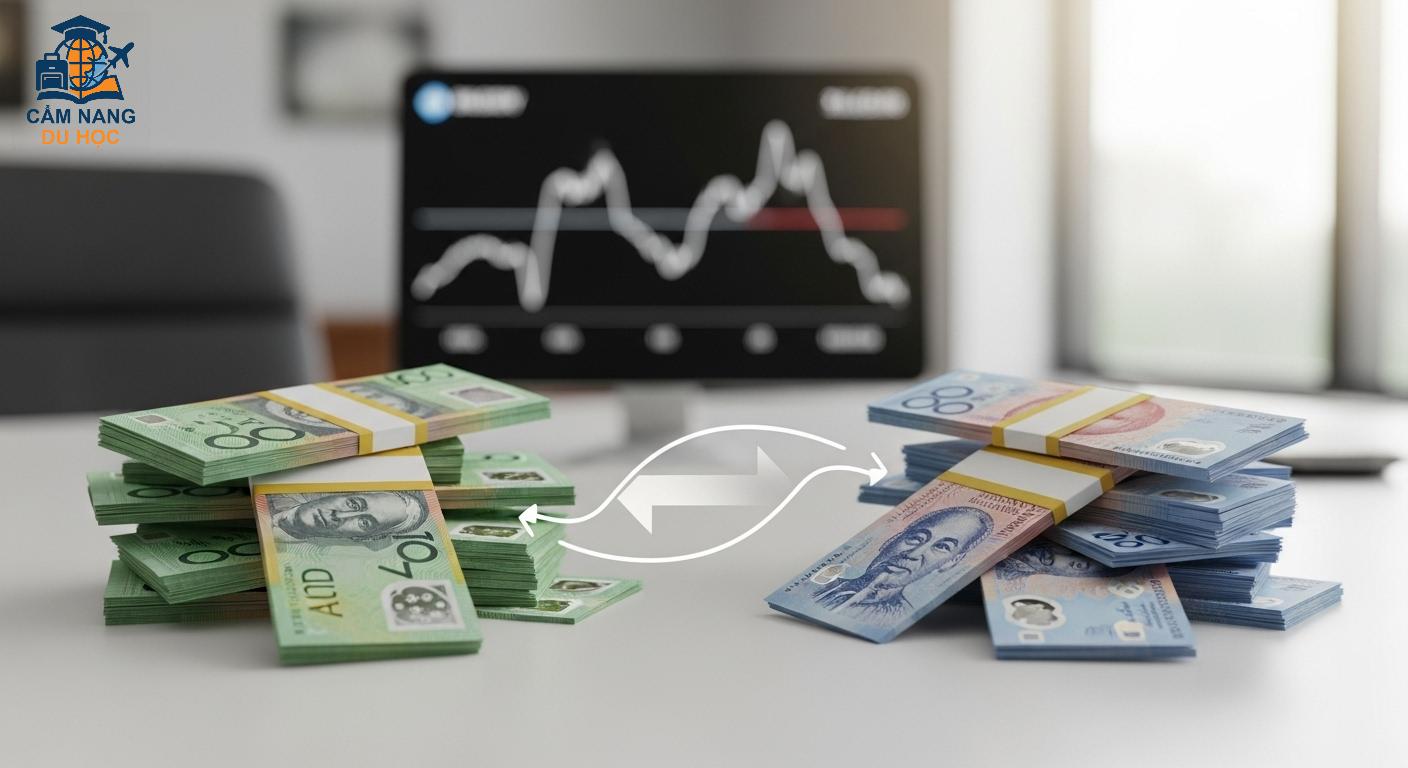 Biểu tượng chuyển đổi tiền tệ giữa đô la Úc (AUD) và đồng Việt Nam (VND), thể hiện sự biến động tỷ giá.