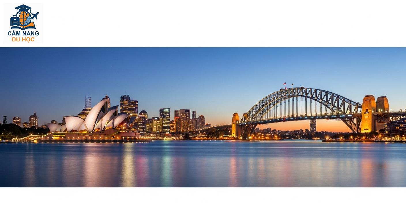 Cảnh quan đô thị Sydney với Nhà hát Opera và Cầu cảng, tượng trưng cho điểm đến trực tiếp ở Úc.