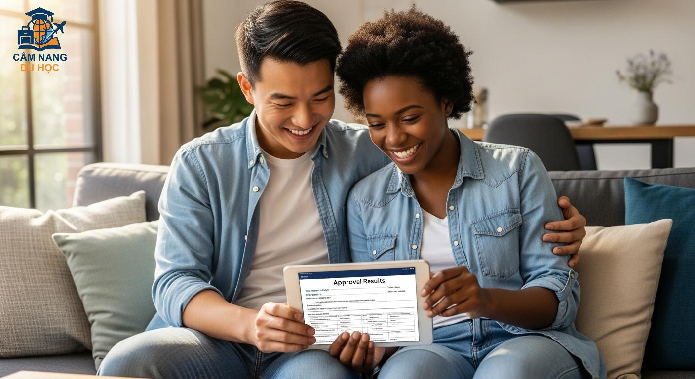 Cặp đôi xem xét tài liệu visa Úc trên máy tính bảng, thể hiện sự hoàn thành thủ tục bảo lãnh vợ.