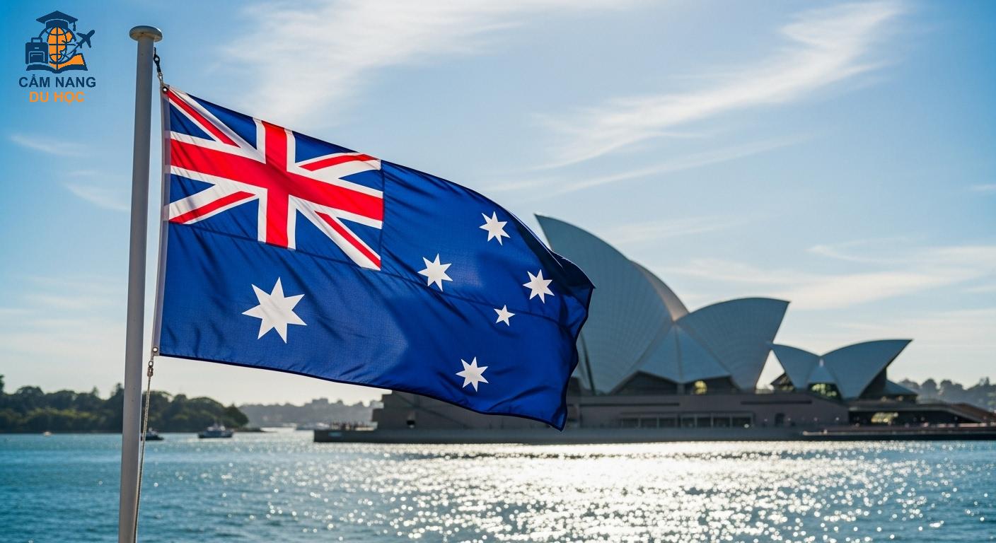 Quốc kỳ Úc tung bay đầy tự hào trước Nhà hát Opera Sydney vào một ngày nắng đẹp.