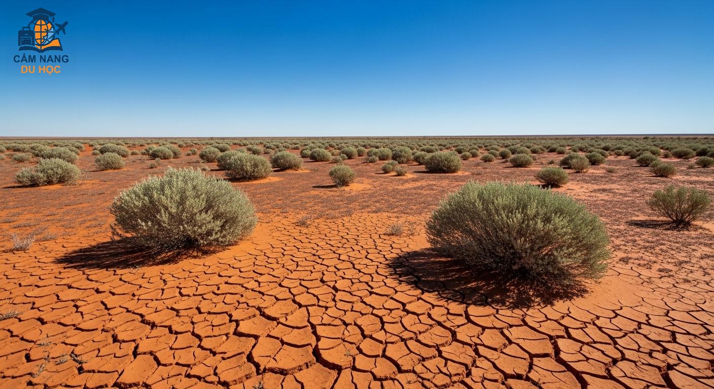 Khung cảnh sa mạc Outback khô cằn của Úc với đất đỏ và cây bụi.