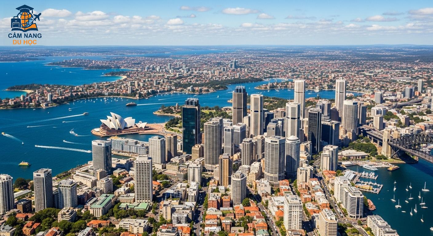 Toàn cảnh thành phố Sydney hiện đại của Úc với các tòa nhà chọc trời ven biển.