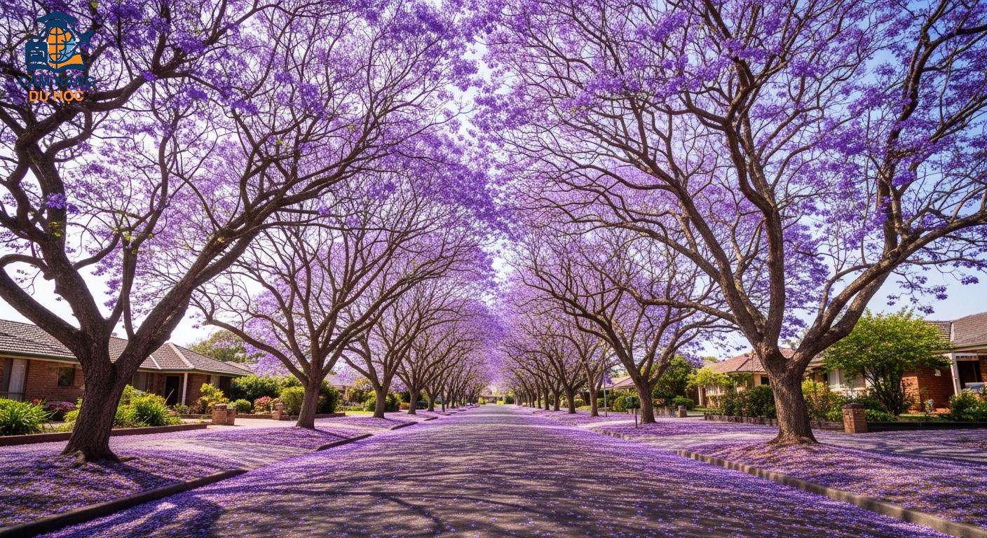 Con đường rợp bóng hoa phượng tím Jacaranda ở Úc vào mùa xuân.