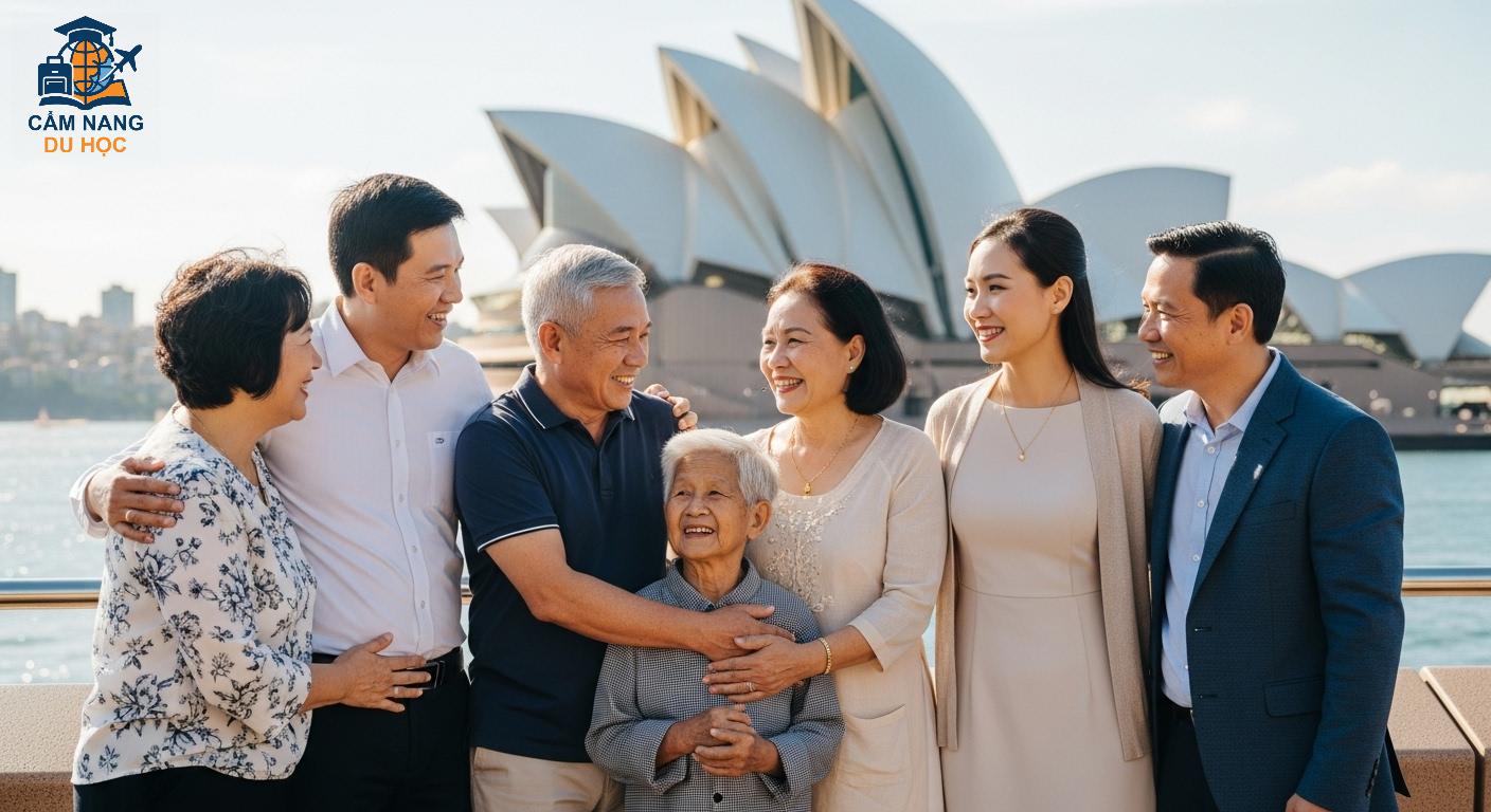Gia đình người Việt đoàn tụ vui vẻ trước Nhà hát Opera Sydney, minh họa visa du lịch Úc có người thân bảo lãnh.