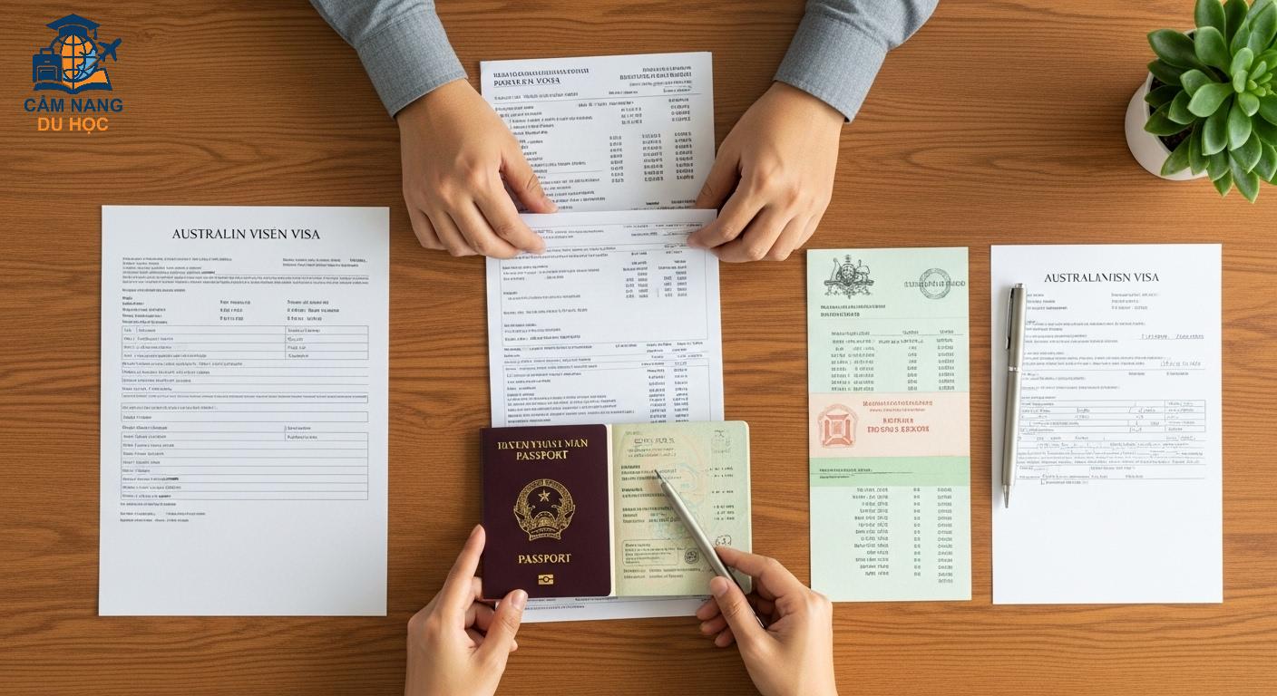 Một người đang sắp xếp cẩn thận hồ sơ xin visa Úc trên bàn, bao gồm hộ chiếu và các giấy tờ ràng buộc tại Việt Nam.