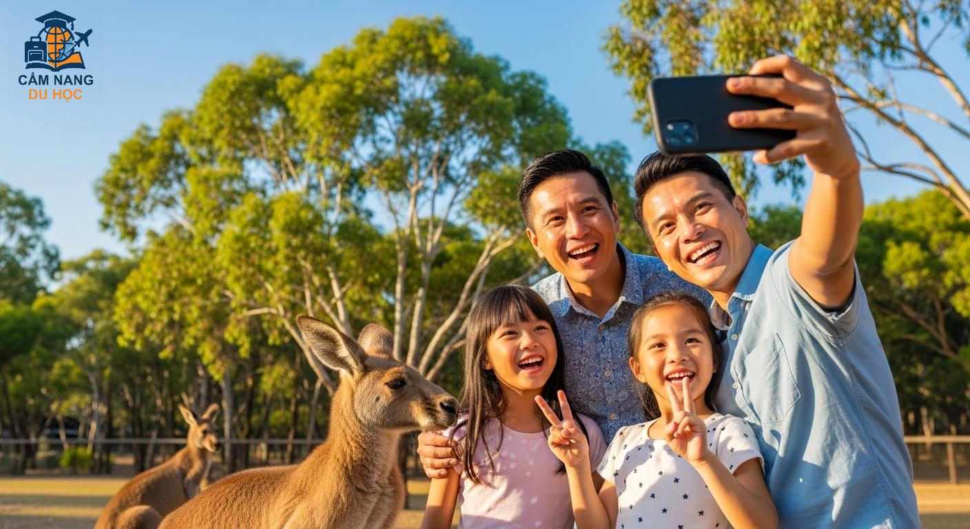 Một gia đình hạnh phúc chụp ảnh selfie với những chú chuột túi kangaroo tại một công viên ở Úc, thể hiện lợi ích của việc xin visa thành công.