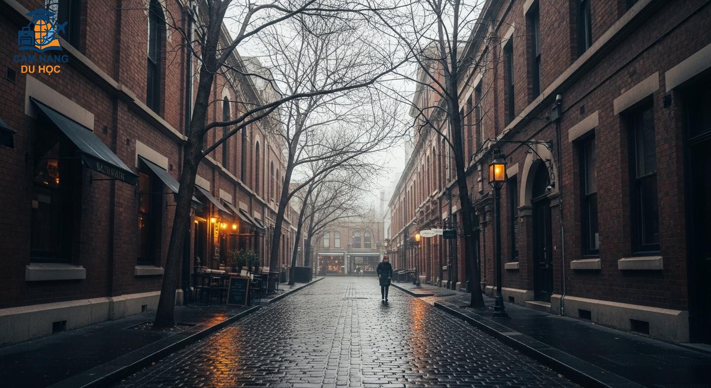 Một con đường vắng vẻ ở thành phố Melbourne Úc vào mùa đông với hàng cây trụi lá và không khí se lạnh.