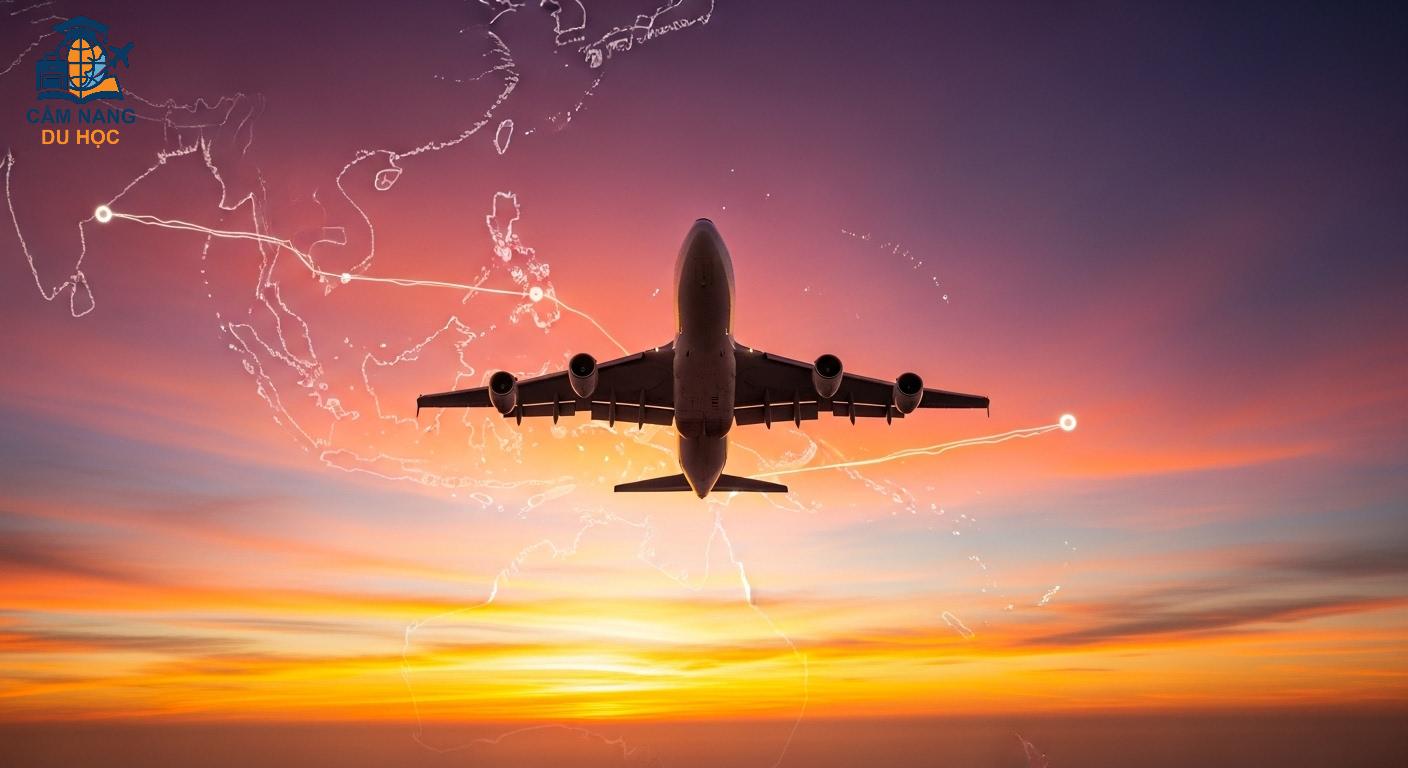 Máy bay trên bầu trời hoàng hôn, biểu tượng cho hành trình bay từ Việt Nam đến Úc.