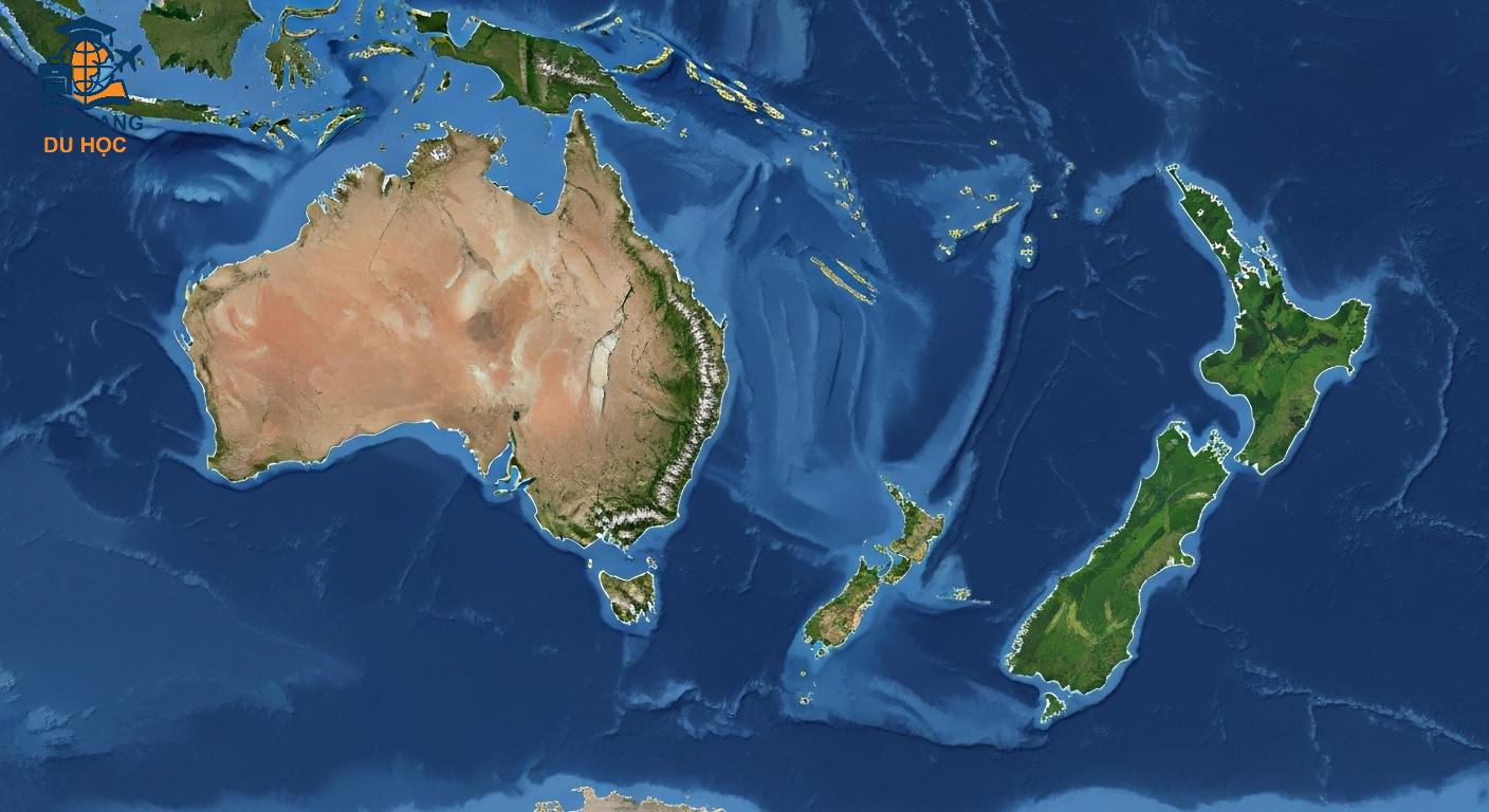 Bản đồ Châu Đại Dương làm nổi bật vị trí địa lý riêng biệt của New Zealand và Úc.
