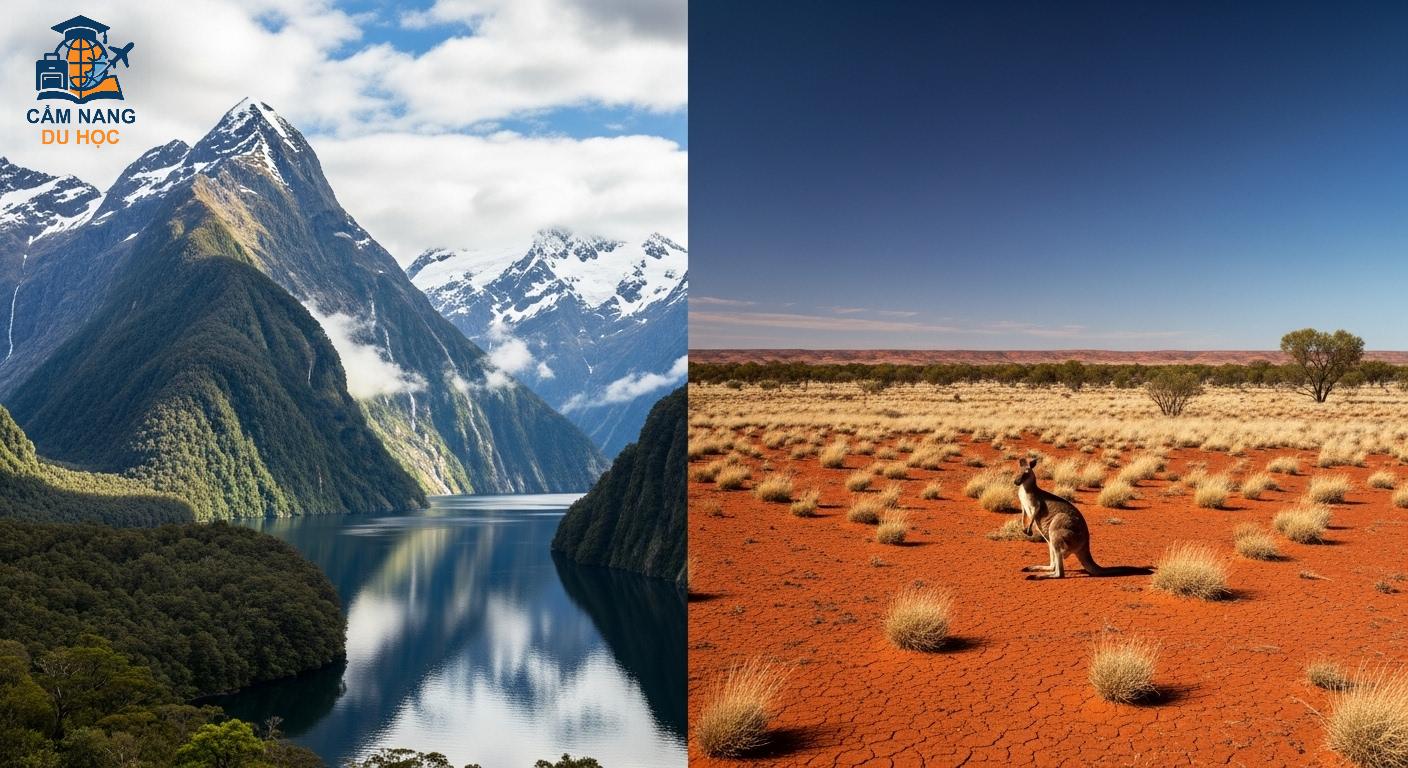 Hình ảnh ghép so sánh cảnh quan núi non xanh tươi của New Zealand và vùng sa mạc đỏ của Úc.