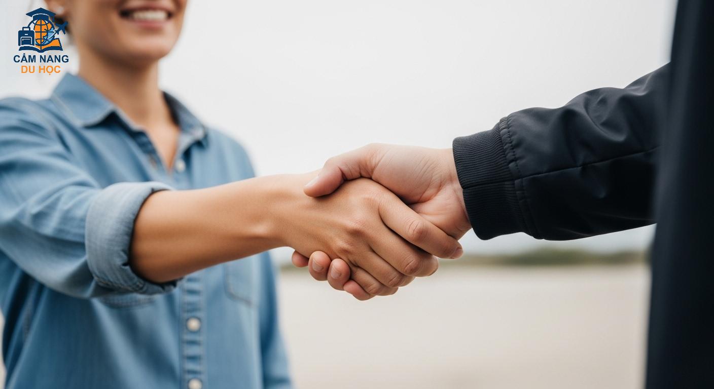 Hai người, một từ Úc và một từ New Zealand, bắt tay thân thiện thể hiện mối quan hệ hợp tác.