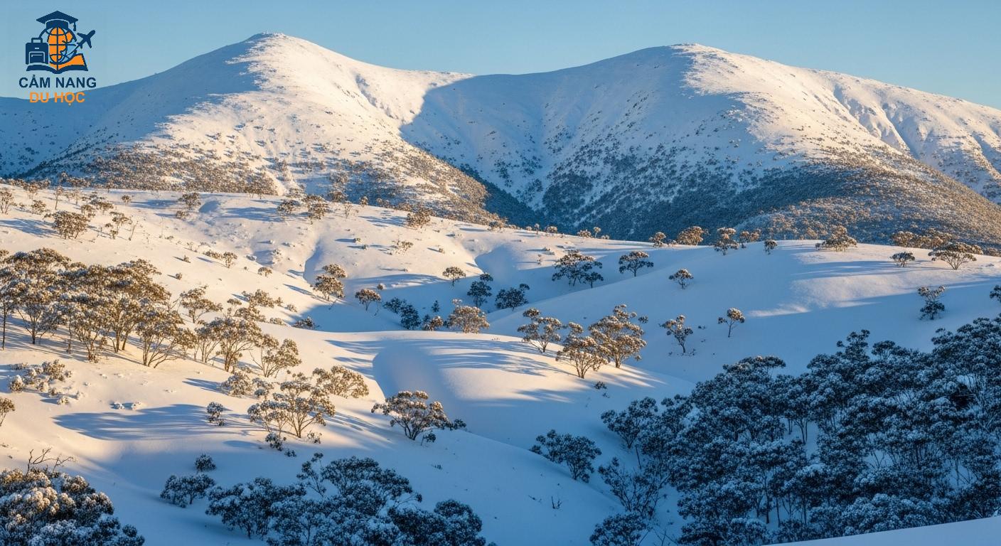 Dãy núi Snowy Mountains của Úc phủ đầy tuyết trắng vào mùa đông.