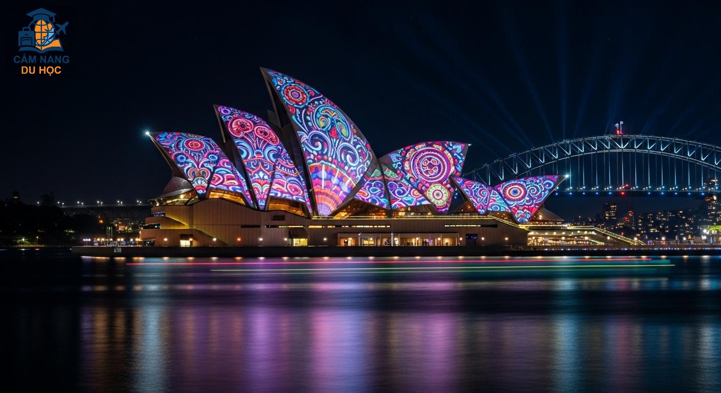 Nhà hát Opera Sydney và cầu cảng được chiếu sáng nghệ thuật trong lễ hội Vivid Sydney mùa đông.