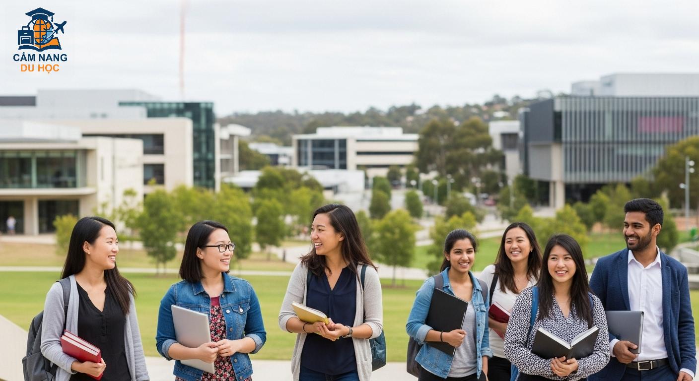 Sinh viên quốc tế học tập tại Canberra với các tòa nhà hiện đại và không gian xanh, thể hiện cơ hội giáo dục và môi trường sống lý tưởng.