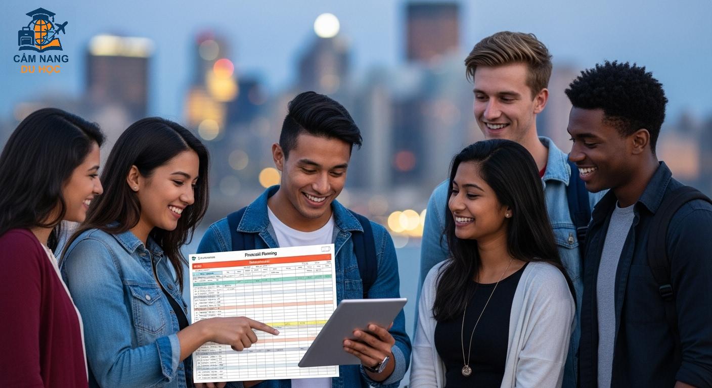 Học sinh quốc tế xem xét biểu đồ tài chính và bản đồ Canada, minh họa việc lập kế hoạch ngân sách du học.