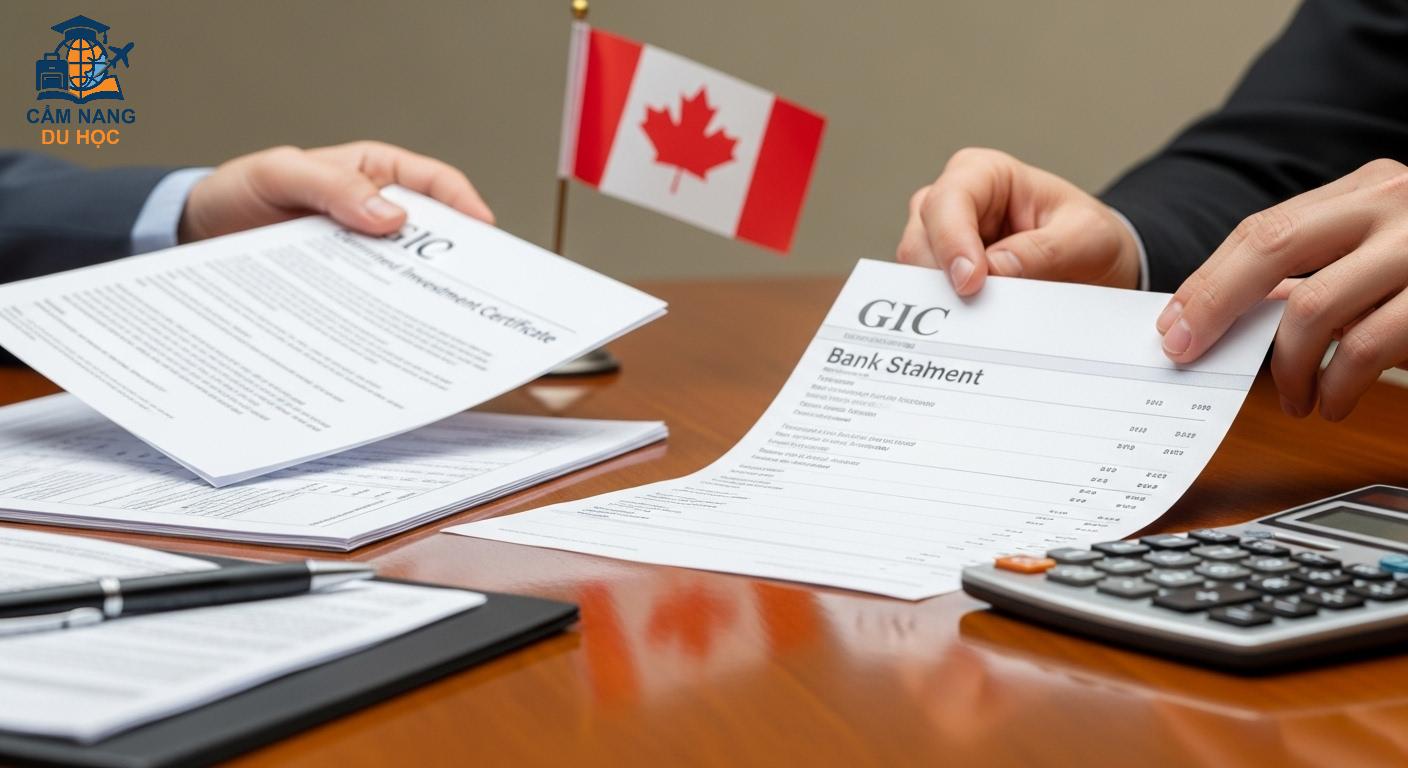 Minh họa chứng minh tài chính du học Canada với GIC và sổ tiết kiệm, biểu đồ tăng trưởng tiền tệ.