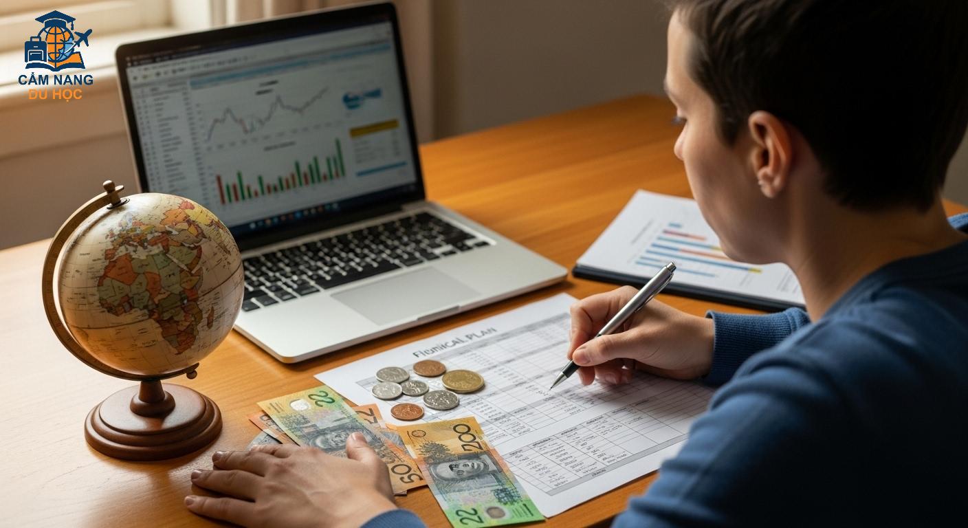 Một bản kế hoạch tài chính chi tiết cho việc định cư Úc với biểu đồ và các loại tiền tệ.