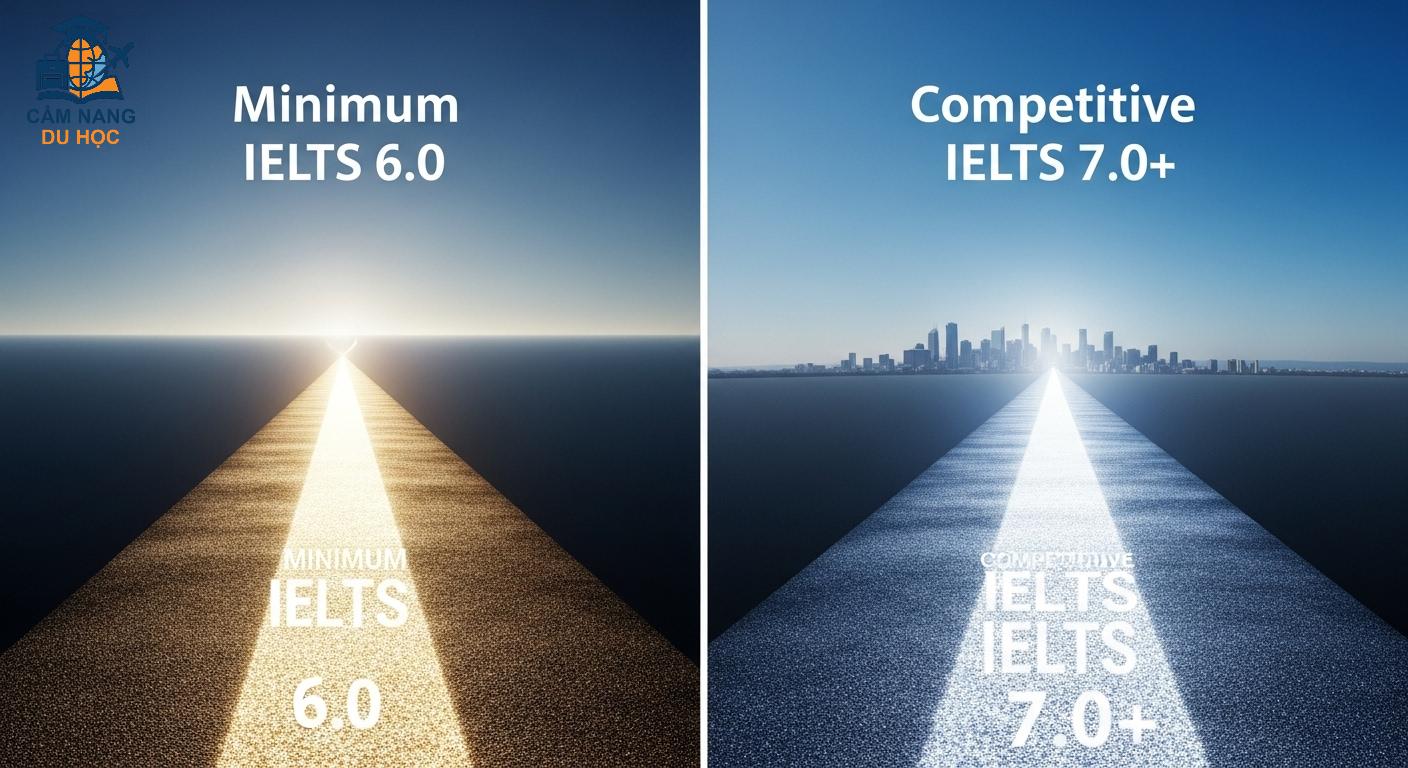 Biểu đồ so sánh điểm IELTS tối thiểu và điểm IELTS cạnh tranh để định cư Úc