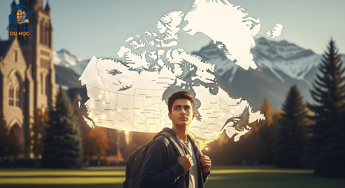 Sinh viên quốc tế với ba lô đứng trước bản đồ Canada, biểu tượng cho những thử thách và cơ hội du học 2025.