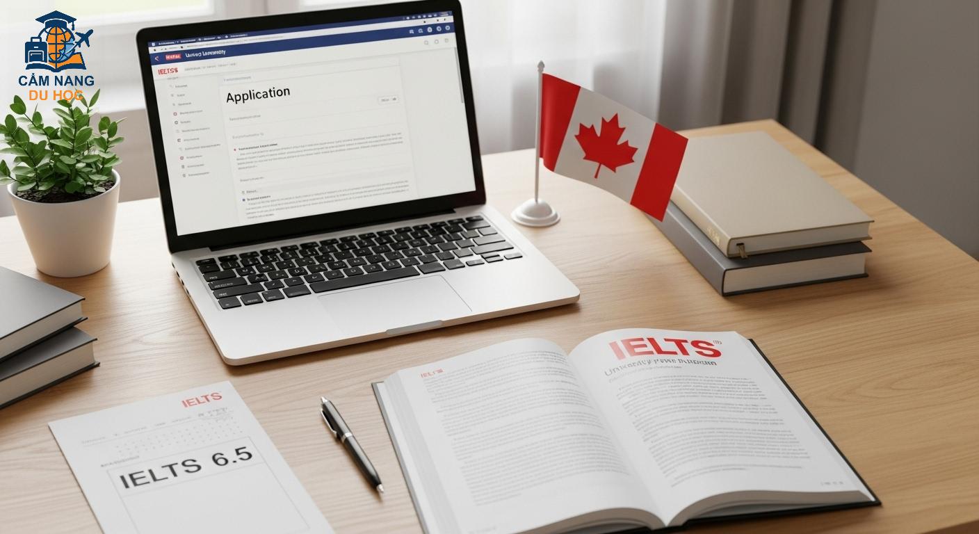 Bộ hồ sơ du học Canada với điểm IELTS 6.5, laptop và sách vở trên bàn làm việc, thể hiện sự chuẩn bị kỹ lưỡng.