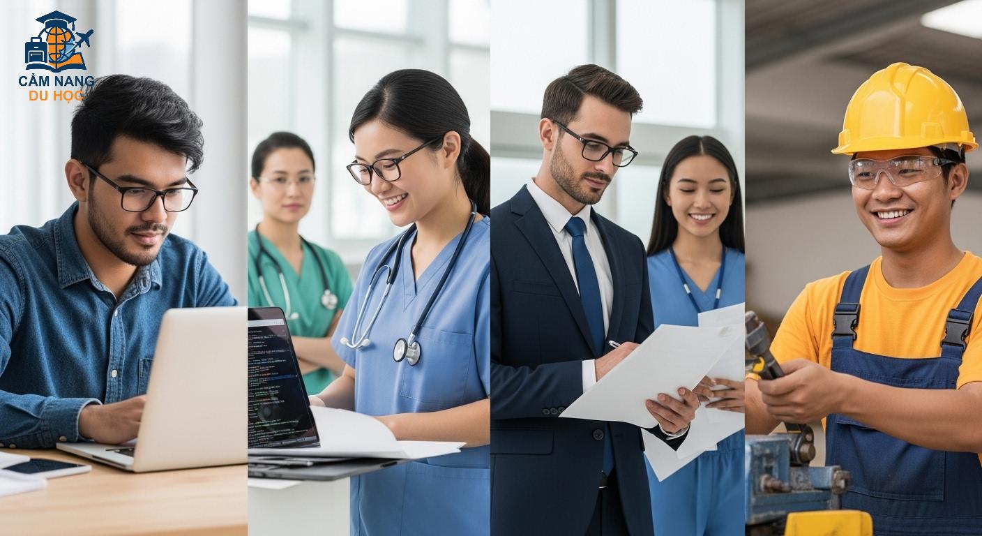 Sinh viên quốc tế trong môi trường học tập và làm việc đa dạng tại Canada, tượng trưng cho các ngành nghề STEM, y tế, kinh doanh và nghề kỹ thuật.