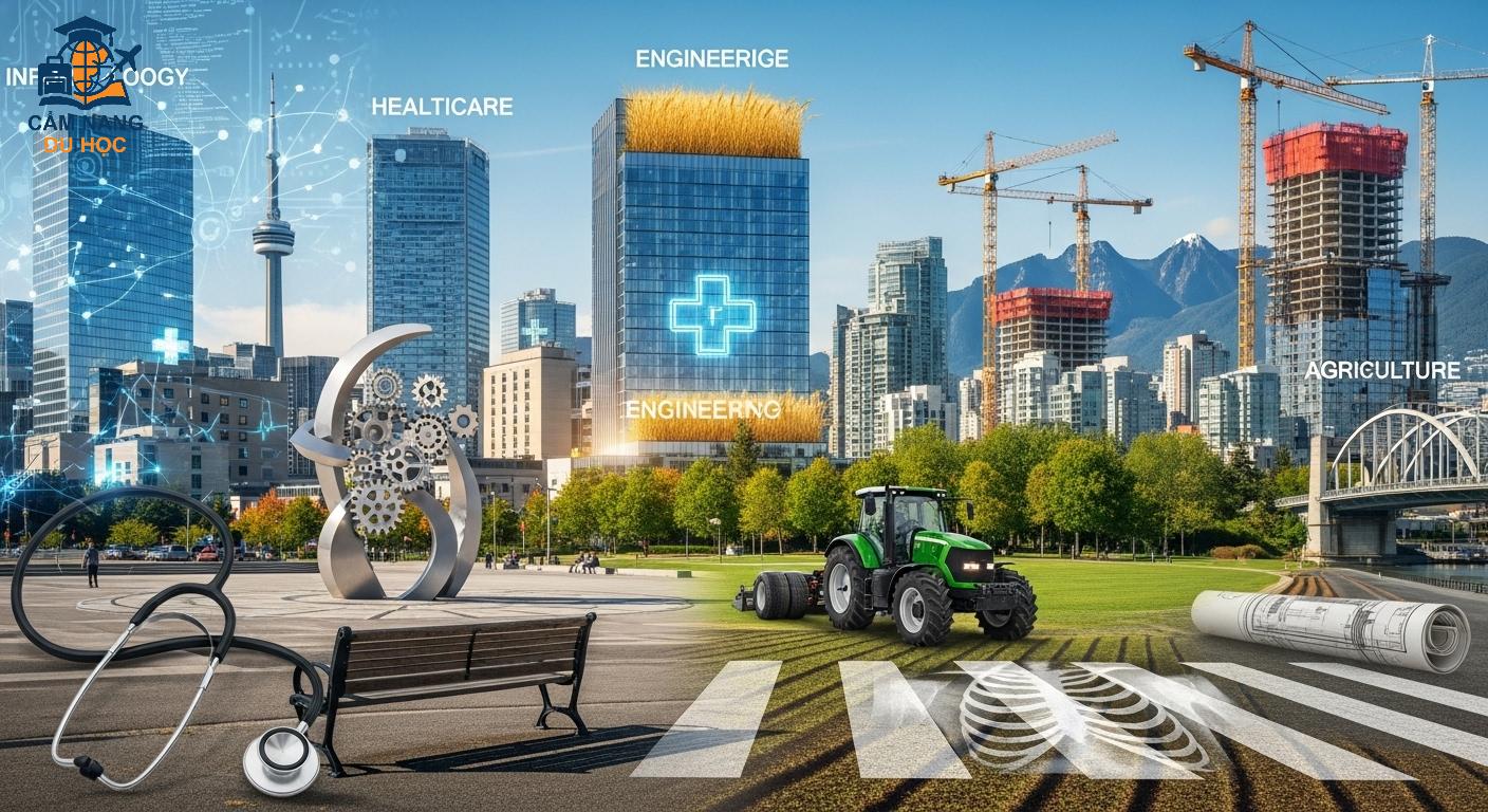 Hình ảnh đa dạng các biểu tượng ngành nghề ưu tiên tại Canada như công nghệ thông tin, y tế, kỹ thuật, thể hiện sự phát triển và nhu cầu nhân lực.