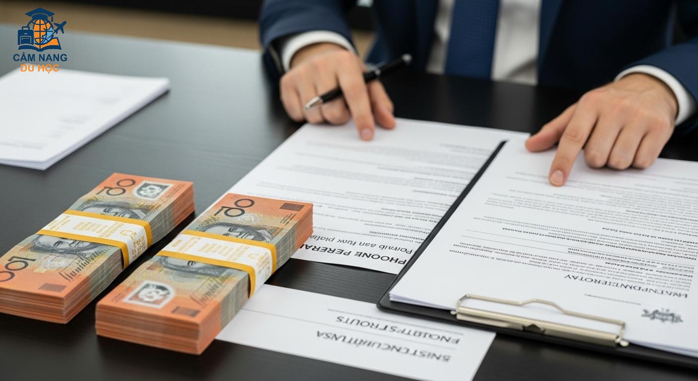 Một chồng tiền và giấy tờ tài sản thể hiện khả năng tài chính vững mạnh, tượng trưng cho bằng chứng hỗ trợ hồ sơ visa đầu tư Úc.