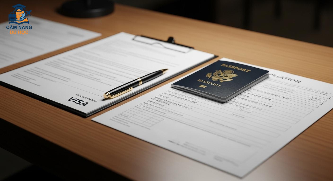 Hồ sơ visa Úc hoàn chỉnh trên bàn, tượng trưng cho sự chuẩn bị kỹ lưỡng.