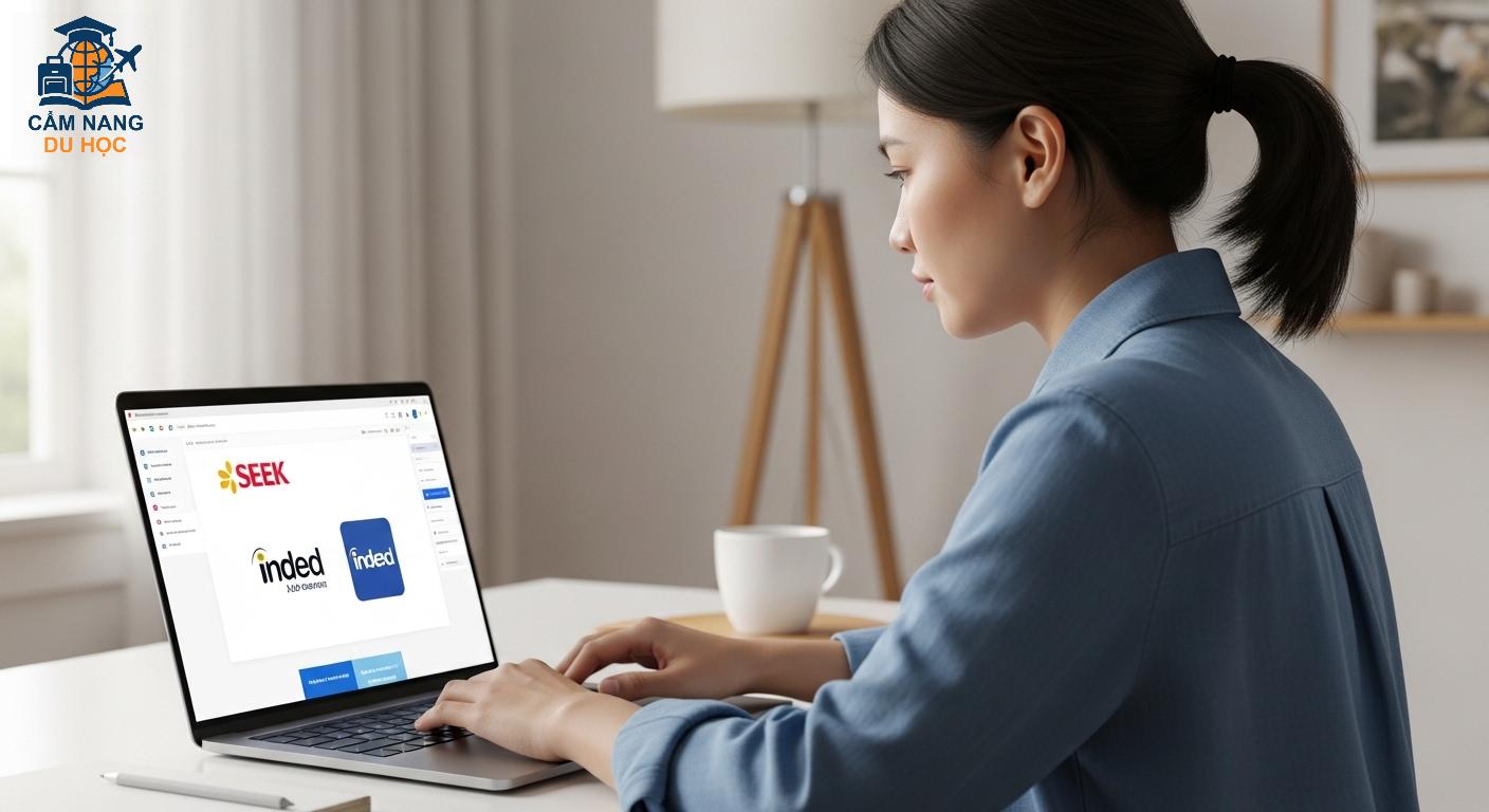 Người đang tìm việc trên các trang web tuyển dụng phổ biến ở Úc như Seek, Indeed, LinkedIn qua màn hình máy tính.