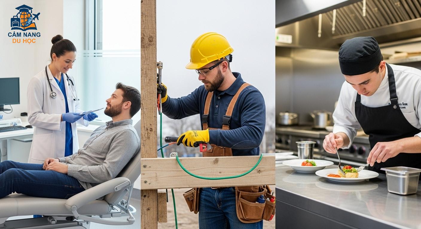 Hình ảnh ghép các ngành nghề triển vọng ở Canada như y tế, kỹ thuật, xây dựng, dịch vụ.