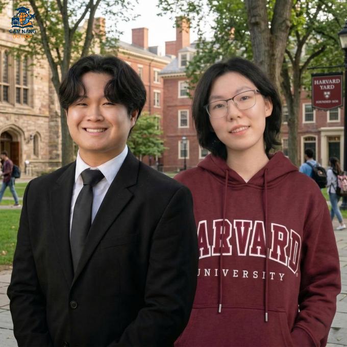 Bạn Andy Dieu (bên trái) và Luna Yue Yin (bên phải) tham gia hội thảo Nghĩ như sinh viên Harvard - Trúng tuyển Đại học Harvard. Ảnh: ETEST